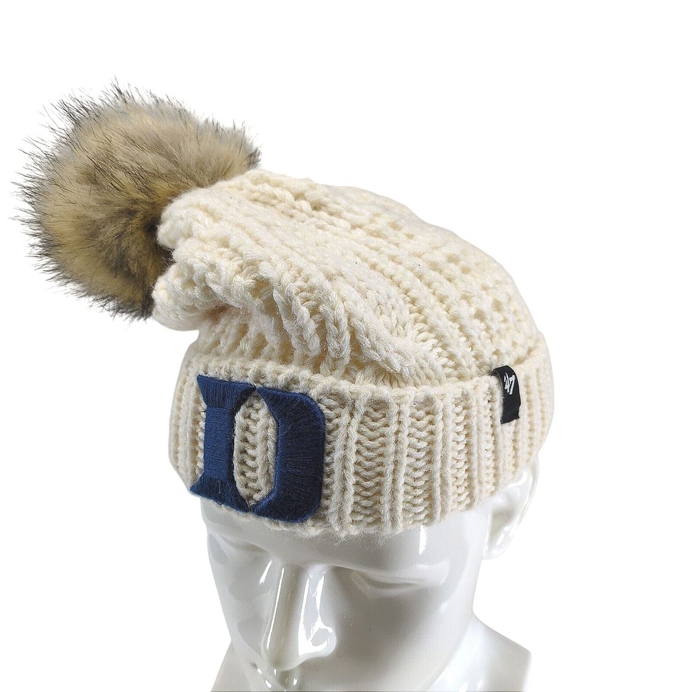 '47 Brand Duke Blue Devils Cable Knit‎ Pom Beanie Women OS Cream University Logo